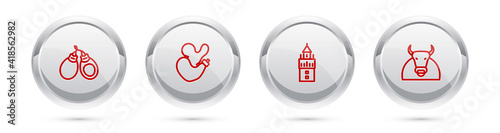 Set line Castanets, Spanish wineskin, Giralda and Bull. Silver circle button. Vector.
