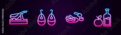 Set line Spanish jamon, Earrings, Churros and chocolate and Apple cider bottle. Glowing neon icon. Vector.