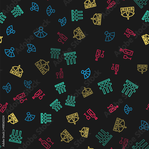 Set line Fan flamenco, Aqueduct of Segovia, Crown spain and Wine bottle with glass on seamless pattern. Vector.