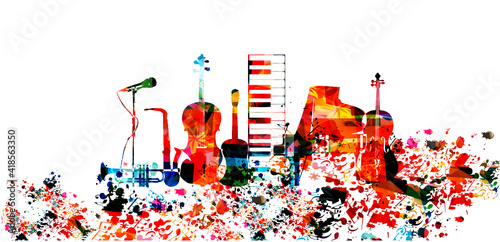 Colorful musical promotional poster with musical instruments and notes isolated vector illustration. Artistic abstract background for live concert events, music festivals and shows, party flyer