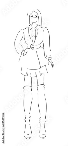 Beautiful girl in short dress and mask, one stroke simple bright fashion illustration, vector