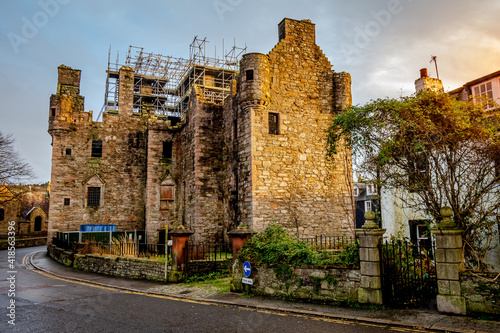 MacLellan's Castle on the old High Street in Kirkcudbright at sunset