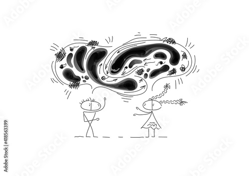 The guy and the girl sort things out. Black clouds with negative emotions are intertwined above them.