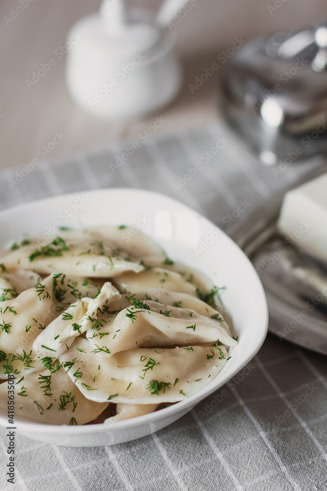Dumplings, filled with potatoes and served with butter and fennel. Varenyky, vareniki, pierogi, pyrohy. Dumplings with filling. Dumplings, filled with potatoes and served with butter and fennel. Varenyky, vareniki, pierogi, pyrohy. Dumplings with filling.