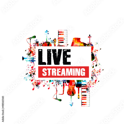 Musical promotional poster background with colorful musical instruments vector illustration. Live streaming banner for music festivals, shows and concert events