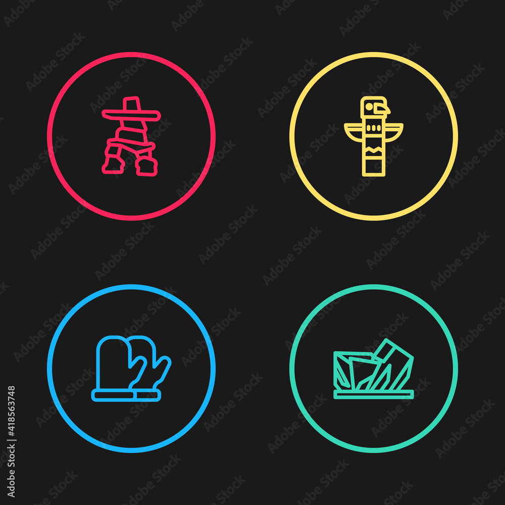 Set line Christmas mitten, Royal Ontario museum, Canadian totem pole and Inukshuk icon. Vector.