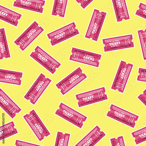 Seamless pattern with pink tickets on a yellow background. Vector graphics.