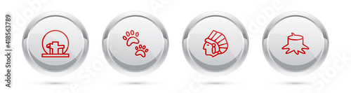 Set line Montreal Biosphere, Paw print, Native American Indian and Tree stump. Silver circle button. Vector.