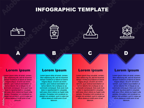 Set line Kayak or canoe, Coffee cup to go, Indian teepee wigwam and Ferris wheel. Business infographic template. Vector.