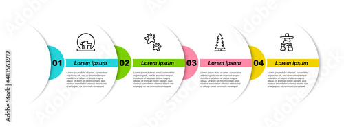 Set line Montreal Biosphere, Paw print, Canadian spruce and Inukshuk. Business infographic template. Vector.