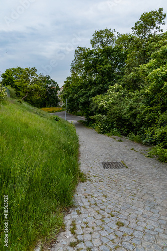 Long brick path to down of small hill at cloudy day