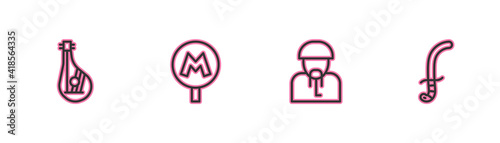 Set line Bandura, Ukrainian cossack, Metro or Underground and Medieval sword icon. Vector.