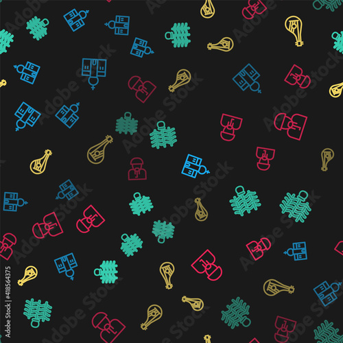 Set line Church building, Wicker fence, Bandura and Ukrainian cossack on seamless pattern. Vector.