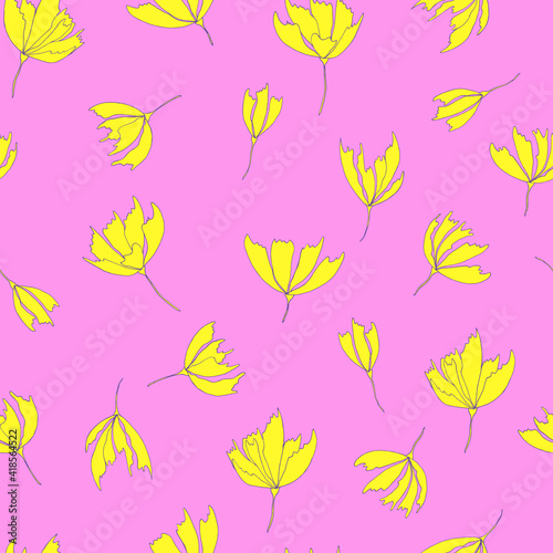 Bright floral pattern. Seamless background. Hand drawn modern illustration of large flower heads on solid color. Cloth, web, attachment, stationery design