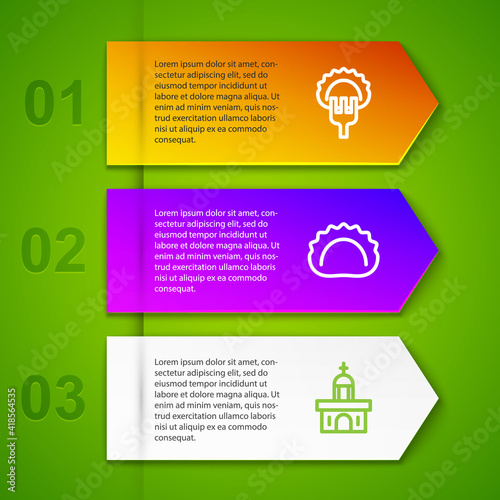 Set line Dumplings on fork, and Church building. Business infographic template. Vector.