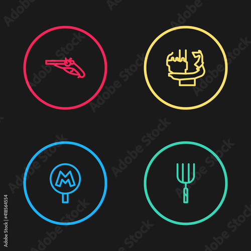 Set line Metro or Underground, Garden pitchfork, Monument to founders of Kiev and Vintage pistols icon. Vector.