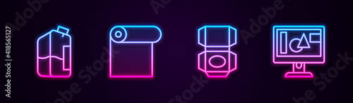 Set line Printer ink bottle, Roll of paper, Carton cardboard box and Computer monitor screen. Glowing neon icon. Vector.