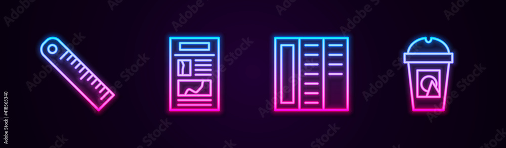 Set line Ruler, News, Brochure and Coffee cup to go. Glowing neon icon. Vector. Set line Ruler, News, Brochure and Coffee cup to go. Glowing neon icon. Vector.