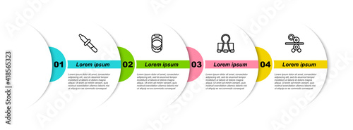 Set line Pipette, Paint bucket, Binder clip and Paper roll of printing press. Business infographic template. Vector.
