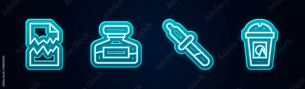 Set line Torn document, Ink bottle, Pipette and Coffee cup to go. Glowing neon icon. Vector.