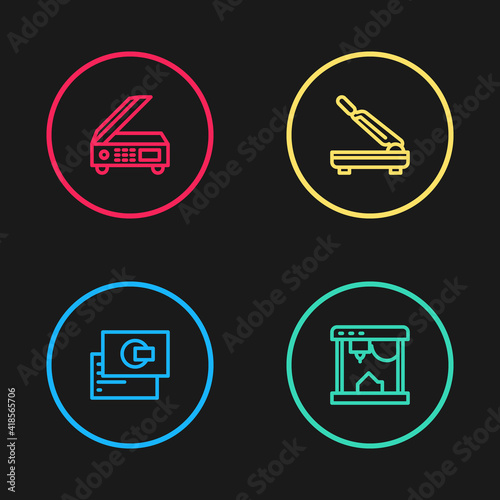 Set line Business card, 3D printer, Paper cutter and Scanner icon. Vector.