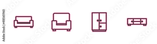 Set line Sofa, Wardrobe, Armchair and Chest drawers icon. Vector.