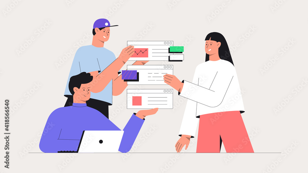 Men and women taking part in business meeting, generate ideas and testing app. Business brainstorming, UI UX design concept of creating an application. Flat ctyle vector illustration. Men and women taking part in business meeting, generate ideas and testing app. Business brainstorming, UI UX design concept of creating an application. Flat ctyle vector illustration.