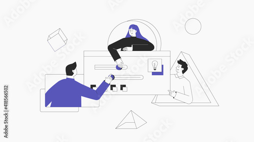 Men and women taking part in business activities, team work. UI UX design concept of creating an application. Design and development business vector concept. Modern flat outline style.