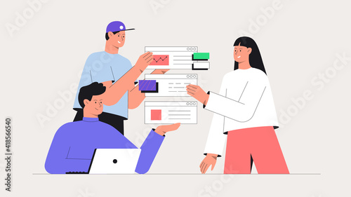 Men and women taking part in business meeting, generate ideas and testing app. Business brainstorming, UI UX design concept of creating an application. Flat ctyle vector illustration. © christakhova