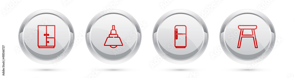 Set line Wardrobe, Chandelier, Refrigerator and Chair. Silver circle button. Vector. Set line Wardrobe, Chandelier, Refrigerator and Chair. Silver circle button. Vector.