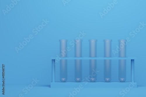 Medical test tubes in a stand on a blue background. Backdrop design for product promotion. 3d rendering