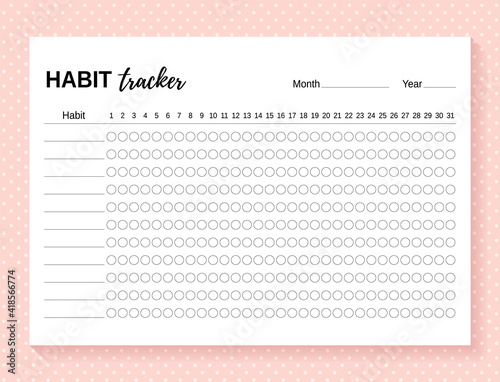 Habit tracker. Daily template habit diary for month. Journal planner with bullets. Vector illustration. Goal list on dotted background. Simple design. Horizontal, landscape orientation. Paper size A4.