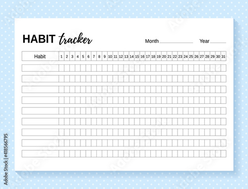 Habit tracker. Daily template habit diary for month. Vector illustration. Journal planner with bullets. Goal list on dotted background. Simple design. Horizontal, landscape orientation. Paper size A4.