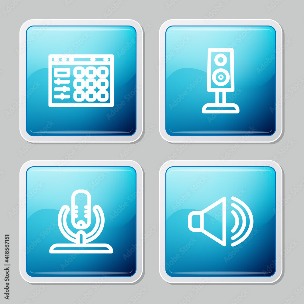 Set line Drum machine, Stereo speaker, Microphone and Speaker volume icon. Vector. Set line Drum machine, Stereo speaker, Microphone and Speaker volume icon. Vector.