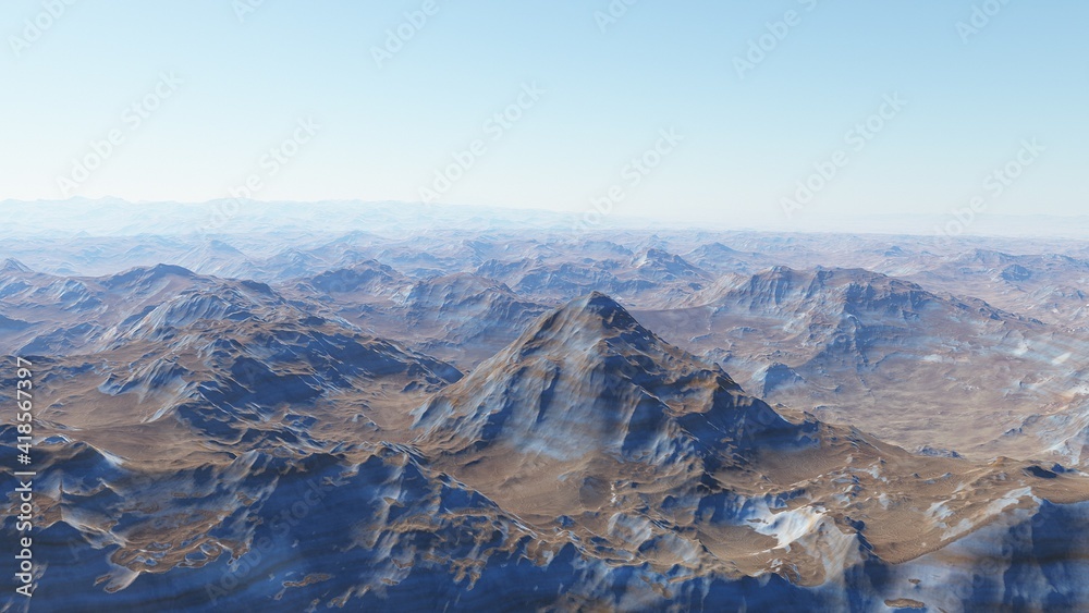 Exoplanet fantastic landscape. Beautiful views of the mountains and sky with unexplored planets. 3D illustration. Exoplanet fantastic landscape. Beautiful views of the mountains and sky with unexplored planets. 3D illustration.