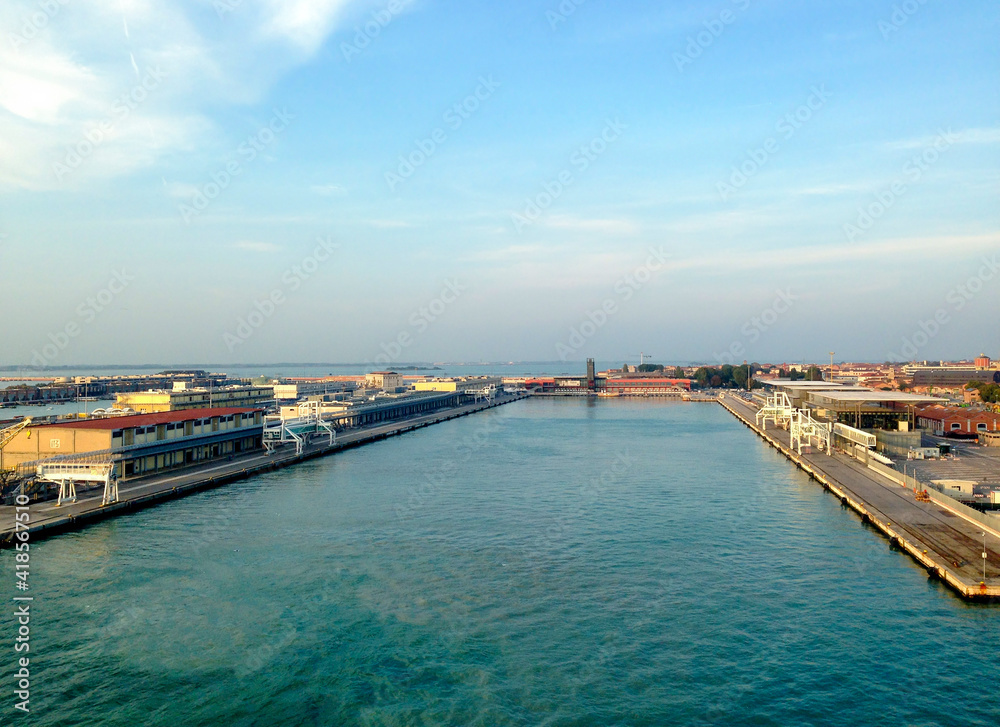 View of the magnificent city of Venice from aboard a cruise ship crossing the Grand Canal