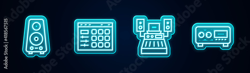 Set line Stereo speaker, Drum machine, Music recording studio and Guitar amplifier. Glowing neon icon. Vector.