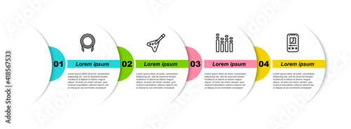 Set line Audio jack, Electric bass guitar, Music equalizer and player. Business infographic template. Vector.