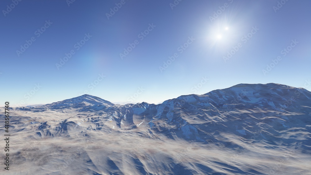 Exoplanet fantastic landscape. Beautiful views of the mountains and sky with unexplored planets. 3D illustration. Exoplanet fantastic landscape. Beautiful views of the mountains and sky with unexplored planets. 3D illustration.