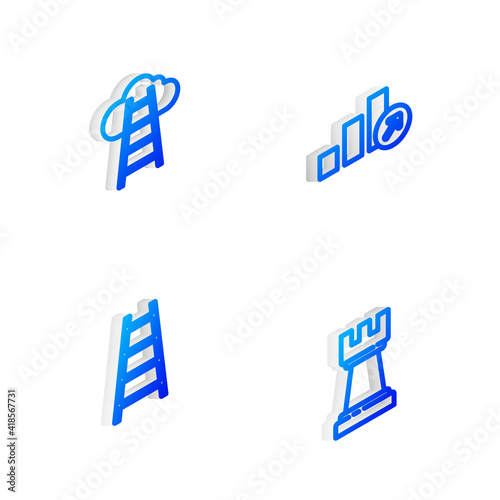 Set Isometric line Financial growth, Stair with finish flag, and Chess icon. Vector.