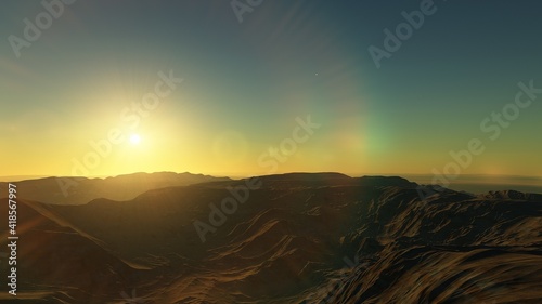 Exoplanet fantastic landscape. Beautiful views of the mountains and sky with unexplored planets. 3D illustration.