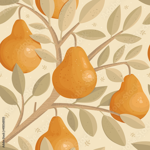 Seamless pattern in retro style. Juicy pears on branch and leaves. Detailed botanical drawing with texture. Fruit tree on abstract background with dots. Vector illustration for textiles, print design.