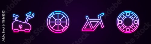 Set line Stationary bicycle, Bicycle wheel, frame and ball bearing. Glowing neon icon. Vector.