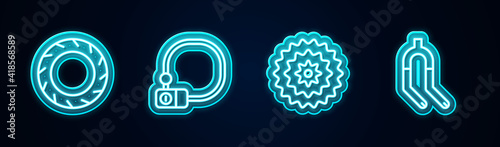 Set line Bicycle wheel tire, lock, cassette and fork. Glowing neon icon. Vector.