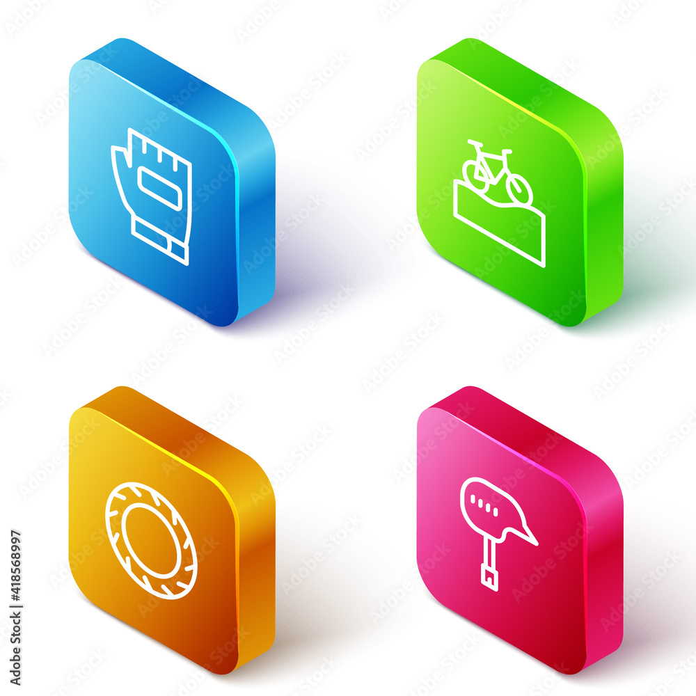 Set Isometric line Gloves, Mountain bicycle, Bicycle wheel tire and helmet icon. Vector. Set Isometric line Gloves, Mountain bicycle, Bicycle wheel tire and helmet icon. Vector.