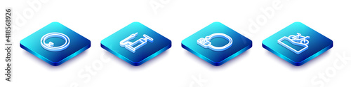 Set Isometric line Bicycle wheel, air pump, lock and Mountain bicycle icon. Vector.