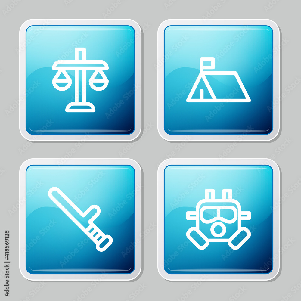 Set line Scales of justice, Protest camp, Police rubber baton and Gas mask icon. Vector. Set line Scales of justice, Protest camp, Police rubber baton and Gas mask icon. Vector.
