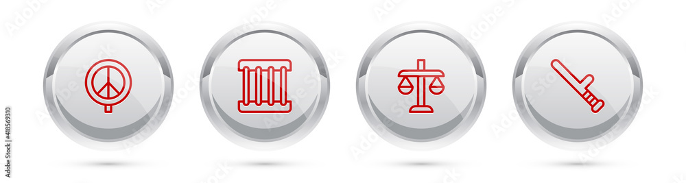 Set line Peace, Prison window, Scales of justice and Police rubber baton. Silver circle button. Vector. Set line Peace, Prison window, Scales of justice and Police rubber baton. Silver circle button. Vector.