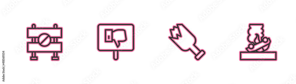 Set line Road barrier, Broken bottle as weapon, Protest and Burning car icon. Vector.