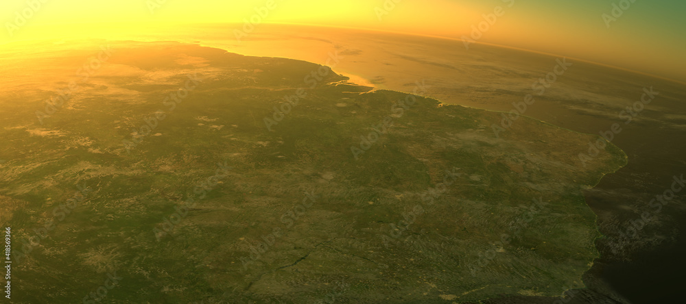 Section of the earth's surface with orange glowing and dense atmosphere over the rainforest - 3d illustration Section of the earth's surface with orange glowing and dense atmosphere over the rainforest - 3d illustration